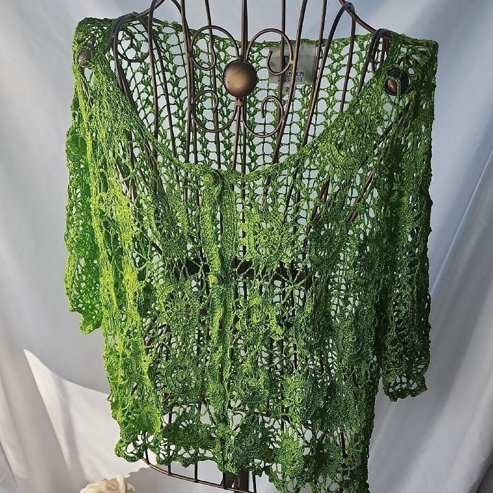 Chartreuse Crochet Short Sleeved Cardigan Sweater Cropped